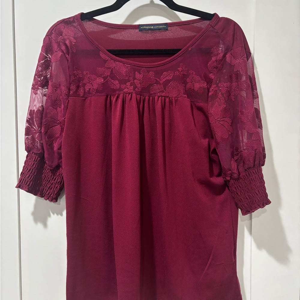 Adrienne Vittadini Maroon Floral Lace Blouse